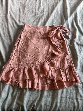 Anthropologie Coral Pink Wrap Mini Skirt with Ruffle Trim
